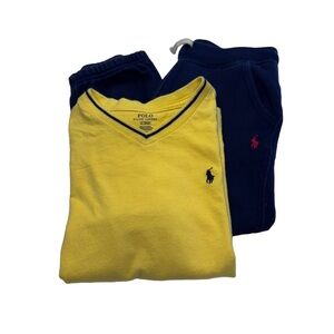 Ralph Lauren Boys Set Yellow V-Neck Tee Shirt & Navy Blue Joggers Size 6